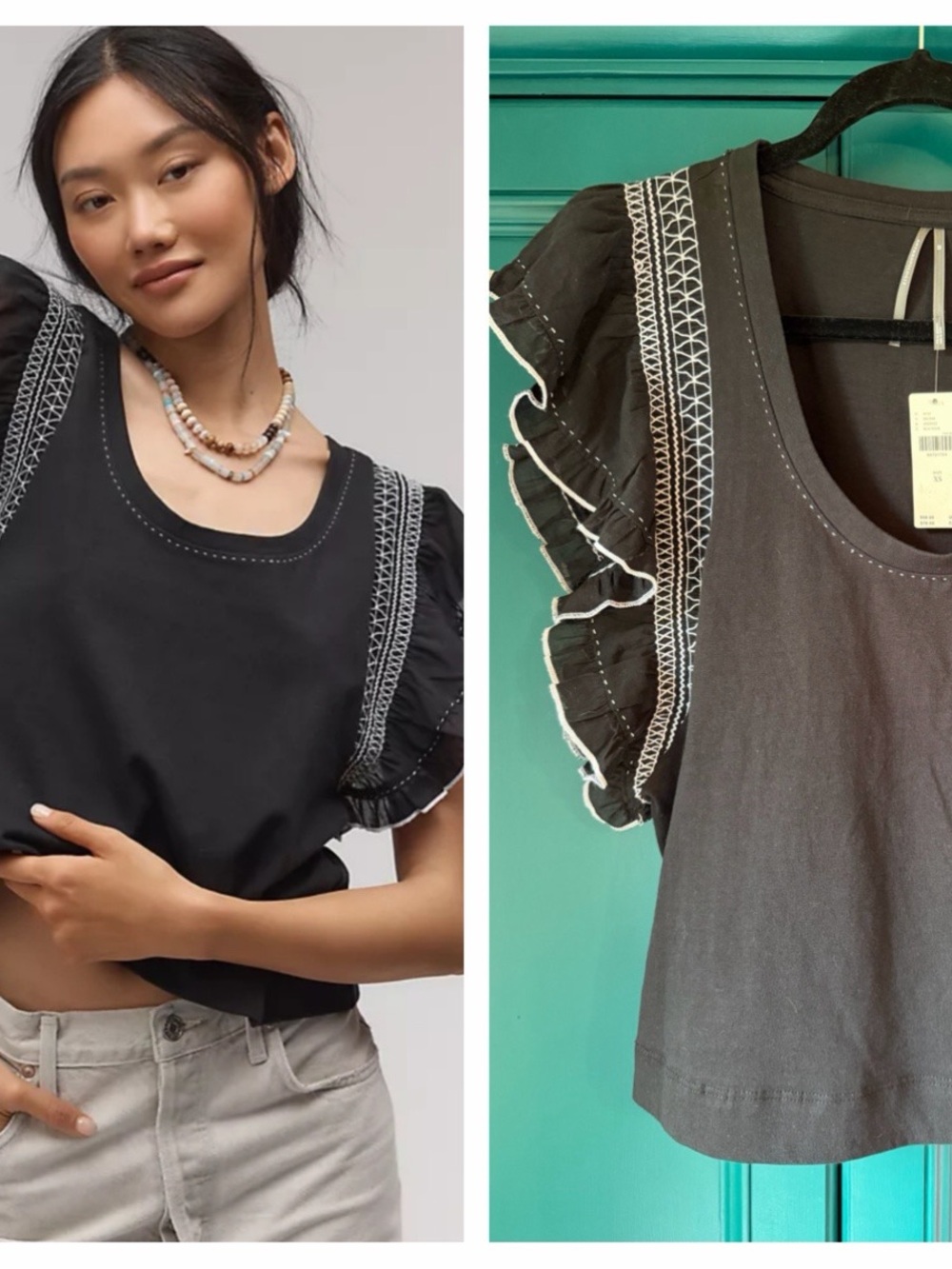 NWT Anthropologie Black Embroidered Smocked Scoop Neck Flutter Sleeve Crop Top |